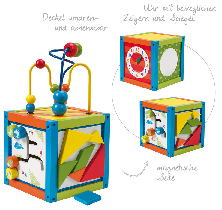 Play center 'active cube', motor skills cube, with motor skills loop, educational learning elements, wood
