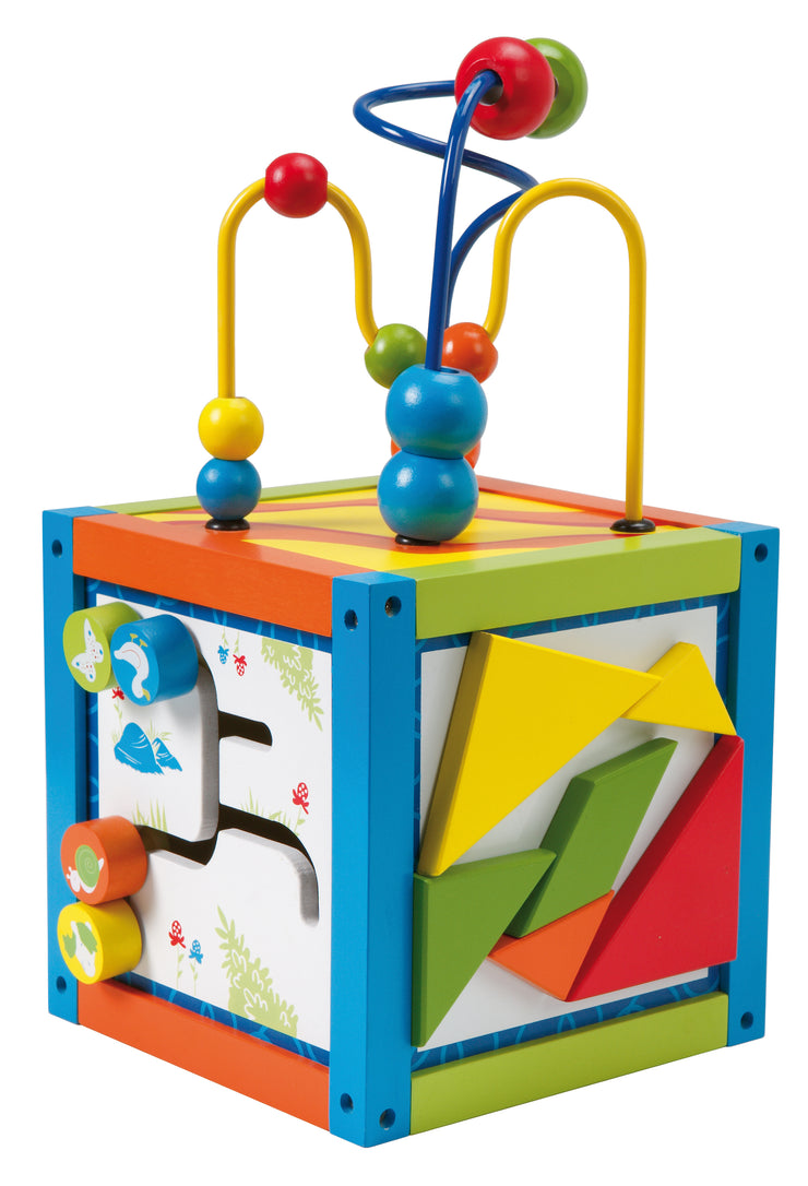 Play center 'active cube', motor skills cube, with motor skills loop, educational learning elements, wood