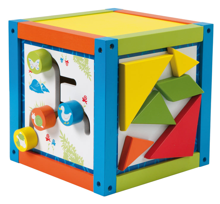 Play center 'active cube', motor skills cube, with motor skills loop, educational learning elements, wood