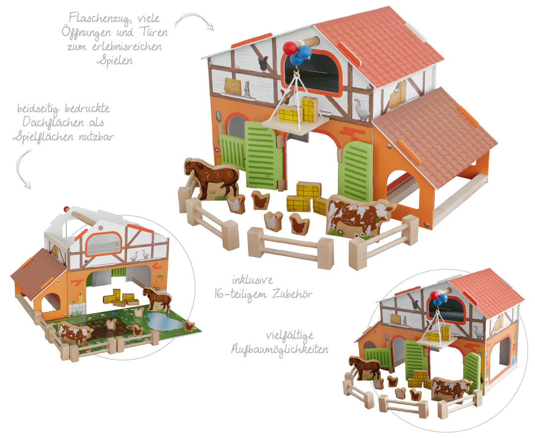 Bauernhof 'Farm', bedrucktes Holzspielzeug, Set mit Scheune, Stall, Heuboden, Zaun & 6 Bauernhoftieren, steckbar
