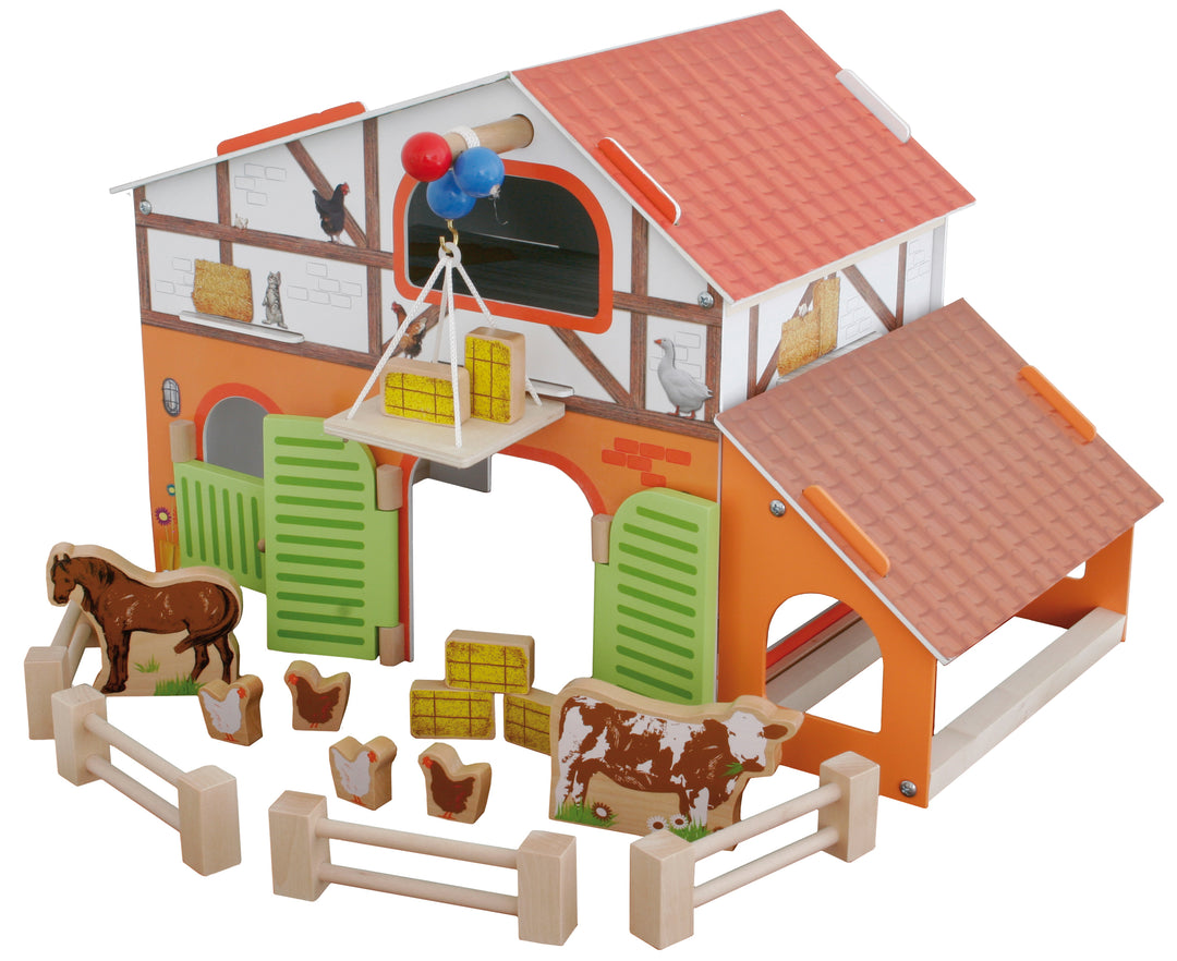 Bauernhof 'Farm', bedrucktes Holzspielzeug, Set mit Scheune, Stall, Heuboden, Zaun & 6 Bauernhoftieren, steckbar