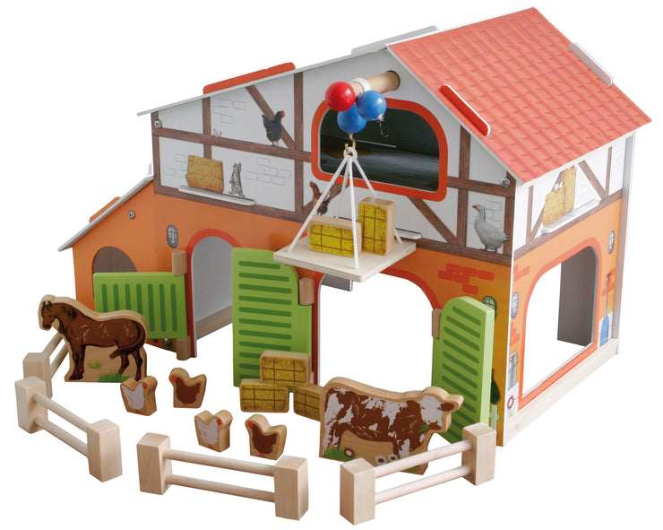 Bauernhof 'Farm', bedrucktes Holzspielzeug, Set mit Scheune, Stall, Heuboden, Zaun & 6 Bauernhoftieren, steckbar