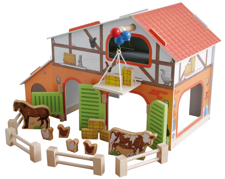 Set da gioco "Farm" - set stampato con fienile, stalla, fienile, recinto e 6 animali da fattoria