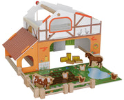 Farm 'farm', printed wooden toy, set with barn, stable, hayloft, fence & 6 farm animals, plug -in
