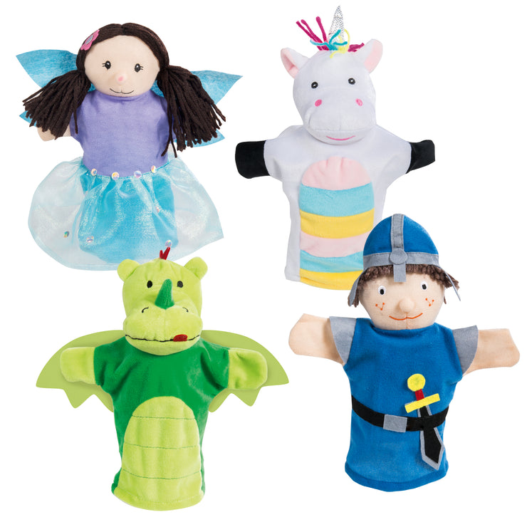 Handpuppenset mit den Figuren Prinzessin, Einhorn, Drache und Ritter