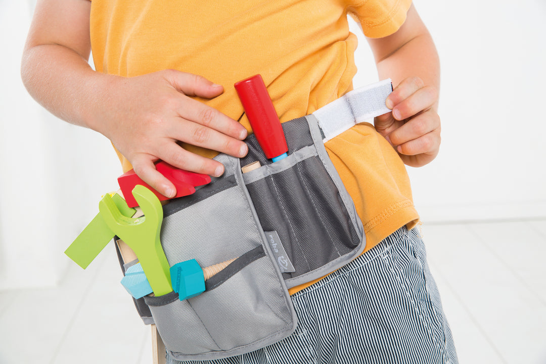 Kinder-Werkzeuggürtel inkl. Werkzeugtasche mit 11-teiligem Werkzeug-Set aus Holz, verstellbar