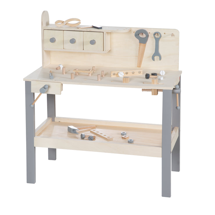 Workbench, large wooden workbench, incl. tool set, large worktop, shelf, 3 drawers