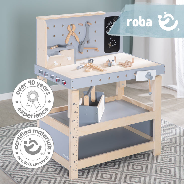 Werkbank, Holzwerkbank, Werkzeug-Set, große Arbeitsplatte, Ablage, 3 Schubfächer, mitwachsend