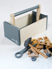 Werkzeugkiste für Kinder, Holzwerkzeugkasten, Holzbaukasten inklusive 22-teiligem Werkzeug