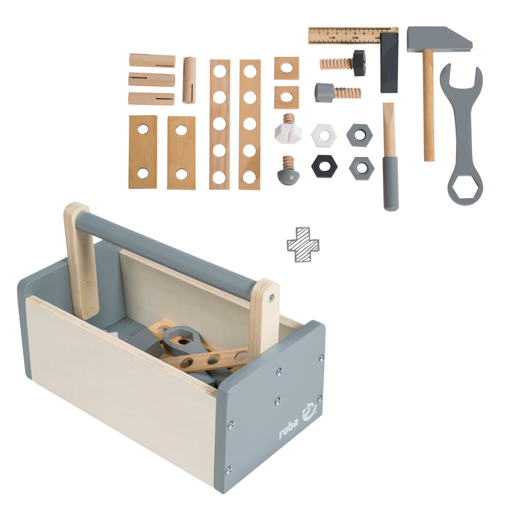 Caja de herramientas para niños, caja de herramientas de madera, kit de construcción de madera que incluye herramientas de 22 piezas