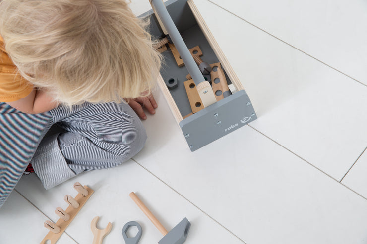 Caja de herramientas para niños, caja de herramientas de madera, kit de construcción de madera que incluye herramientas de 22 piezas