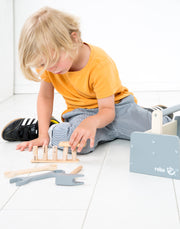 Caja de herramientas para niños, caja de herramientas de madera, kit de construcción de madera que incluye herramientas de 22 piezas