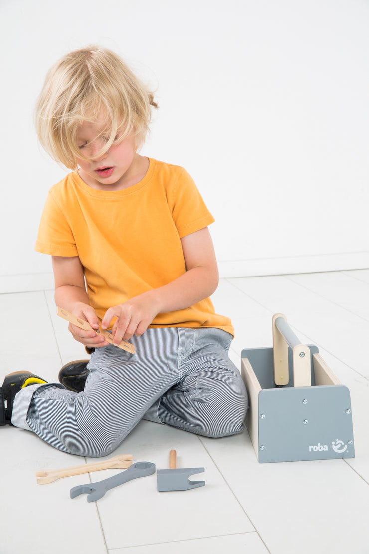 Werkzeugkiste für Kinder, Holzwerkzeugkasten, Holzbaukasten inklusive 22-teiligem Werkzeug