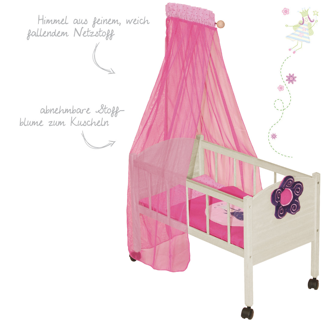 Lit de poupée série 'Happy Fee', bois naturel incl. équipement textile, draps et baldaquin, rose