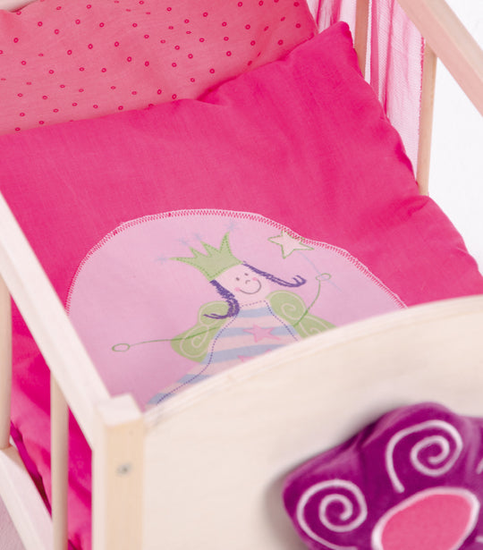 Lit de poupée série 'Happy Fee', bois naturel incl. équipement textile, draps et baldaquin, rose