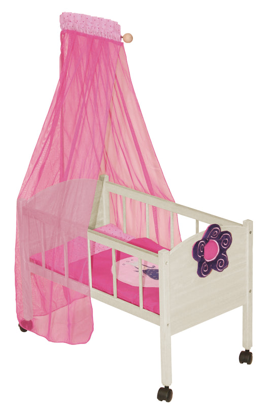 Lit de poupée série 'Happy Fee', bois naturel incl. équipement textile, draps et baldaquin, rose