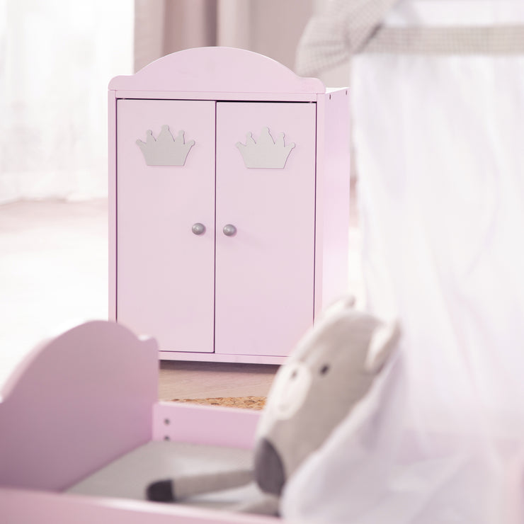 Doll Wardrobe 'Princess Sophie', 2 portes, peinte en rose, y compris le rail de vêtements et le sol
