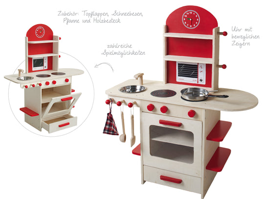 Spielküche, Holzküche natur/rot, Kinderspielküche mit Herd, Spüle, Wasserhahn & Regal
