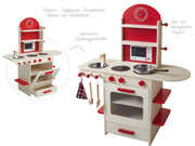 Cuisine de jeu pour enfant, en bois, rouge, avec cuisinière, évier, robinet et étagère