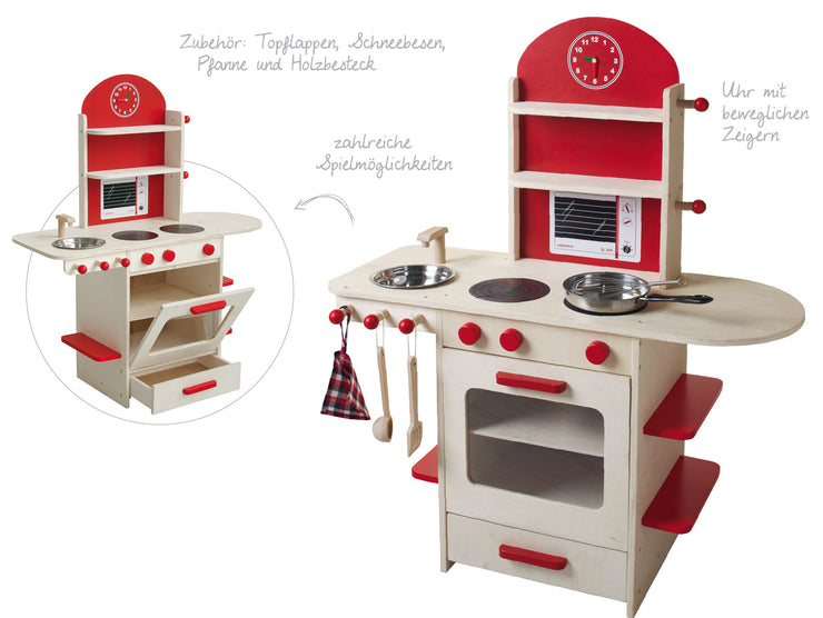Juega la cocina, la naturaleza de madera/rojo, la cocina de juegos para niños con estufa, fregadero, grifo y estante