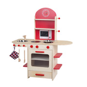 Juega la cocina, la naturaleza de madera/rojo, la cocina de juegos para niños con estufa, fregadero, grifo y estante