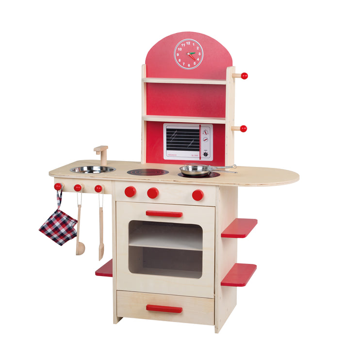 Juega la cocina, la naturaleza de madera/rojo, la cocina de juegos para niños con estufa, fregadero, grifo y estante