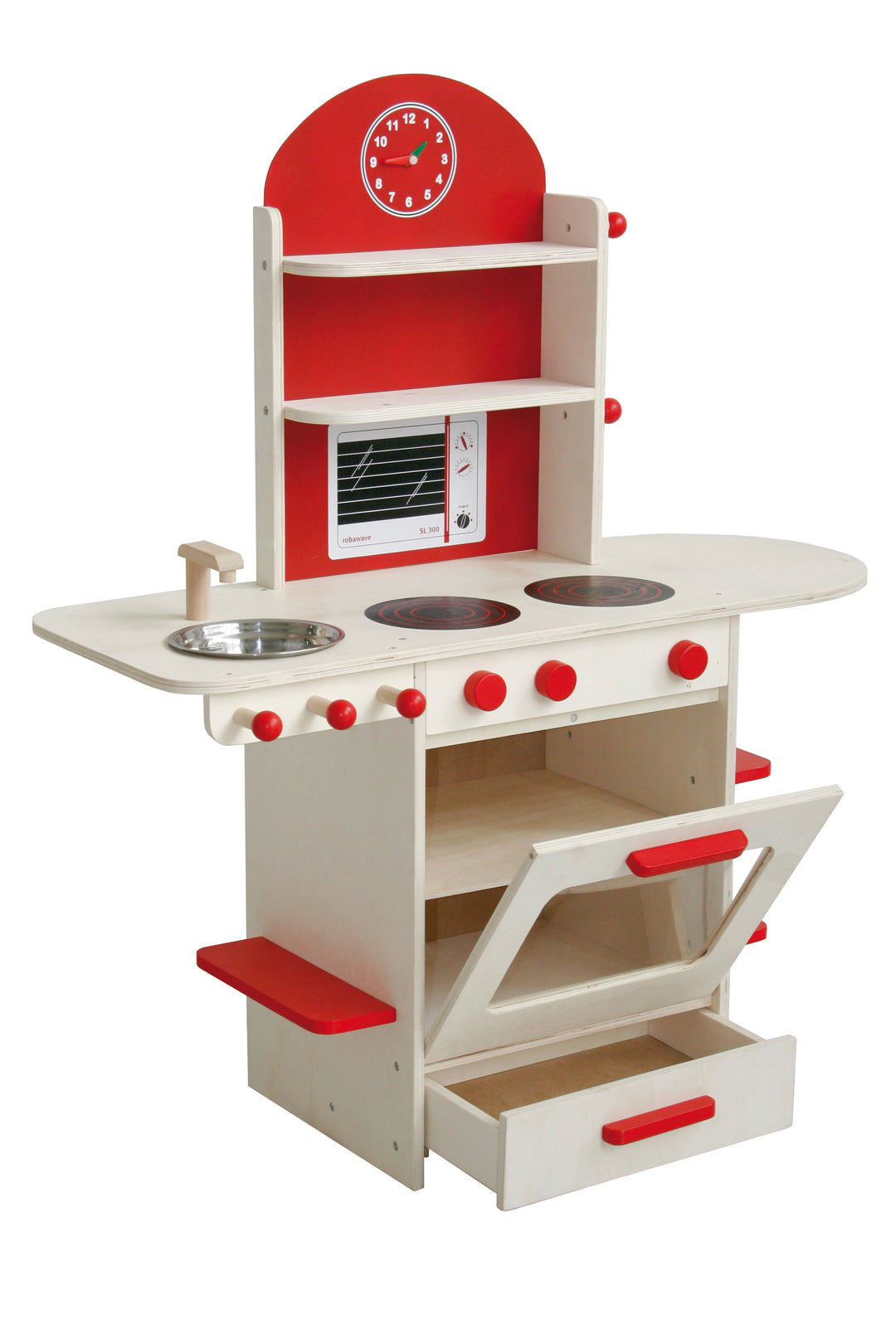 Spielküche, Holzküche natur/rot, Kinderspielküche mit Herd, Spüle, Wasserhahn & Regal