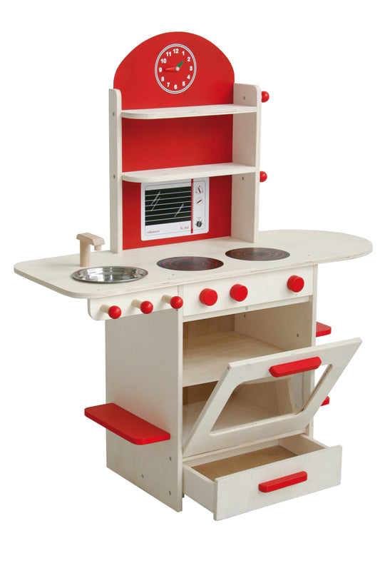 Spielküche, Holzküche natur/rot, Kinderspielküche mit Herd, Spüle, Wasserhahn & Regal