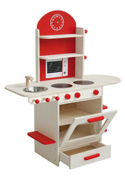 Cuisine de jeu pour enfant, en bois, rouge, avec cuisinière, évier, robinet et étagère