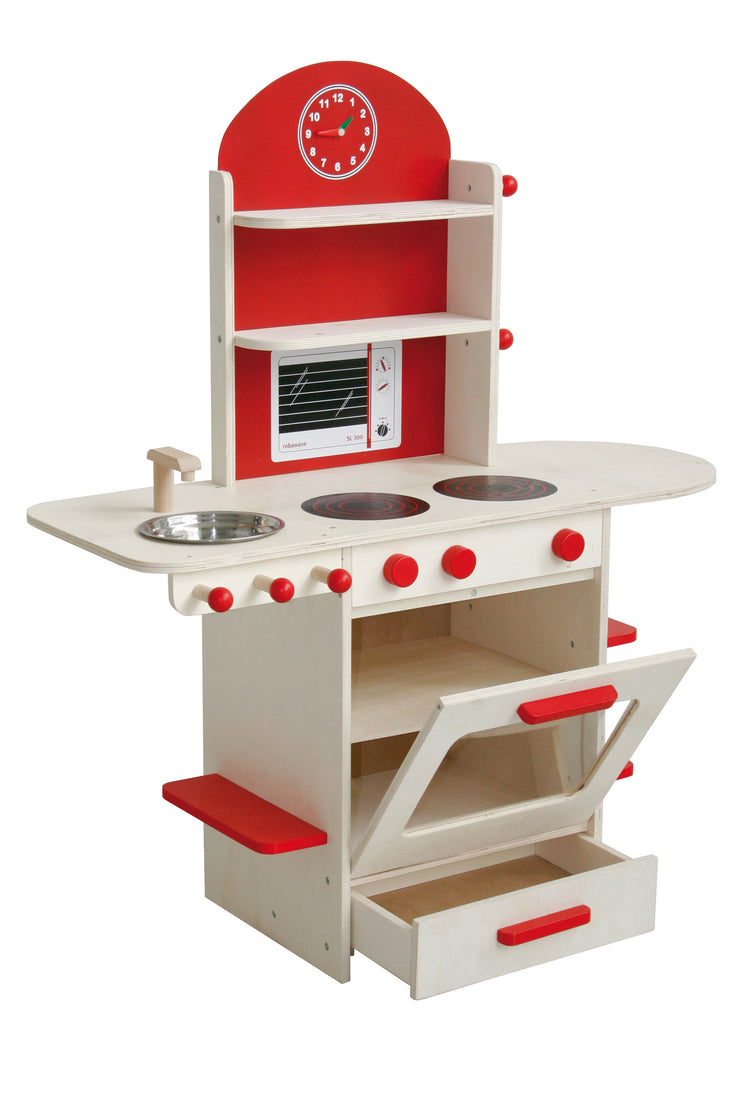 Cuisine de jeu pour enfant, en bois, rouge, avec cuisinière, évier, robinet et étagère