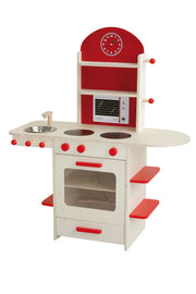 Cuisine de jeu pour enfant, en bois, rouge, avec cuisinière, évier, robinet et étagère