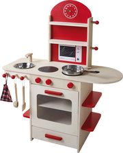 Juega la cocina, la naturaleza de madera/rojo, la cocina de juegos para niños con estufa, fregadero, grifo y estante
