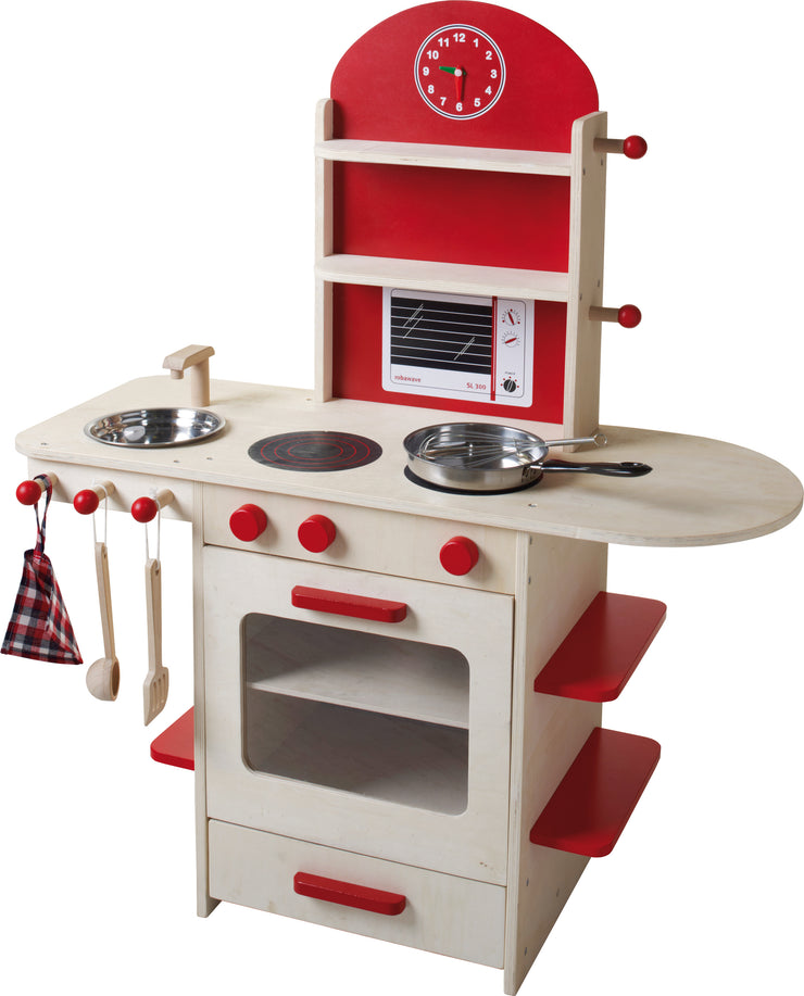 Cuisine de jeu pour enfant, en bois, rouge, avec cuisinière, évier, robinet et étagère