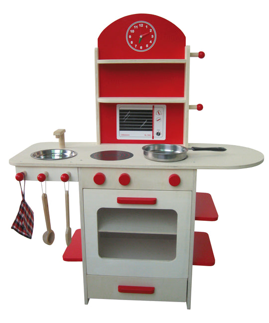 Spielküche, Holzküche natur/rot, Kinderspielküche mit Herd, Spüle, Wasserhahn & Regal