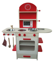 play kitchen, wooden kitchen natural, red, children's play kitchen with stove, sink, faucet & shelf