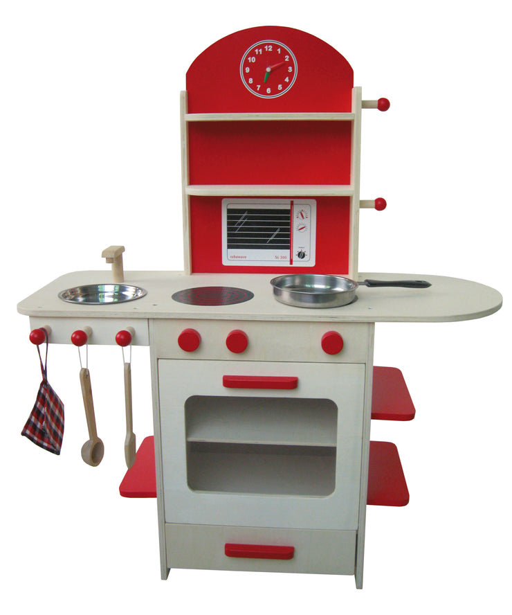 Juega la cocina, la naturaleza de madera/rojo, la cocina de juegos para niños con estufa, fregadero, grifo y estante