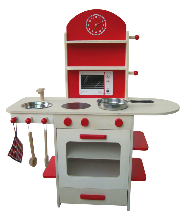 Cuisine de jeu pour enfant, en bois, rouge, avec cuisinière, évier, robinet et étagère