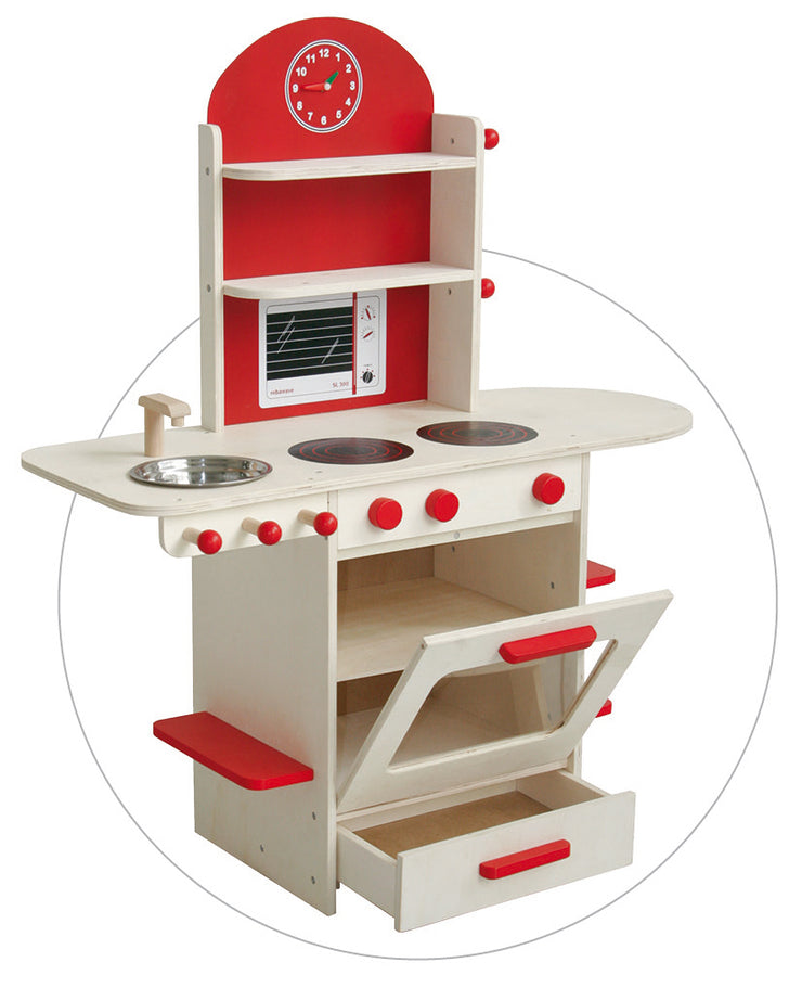 play kitchen, wooden kitchen natural, red, children's play kitchen with stove, sink, faucet & shelf