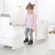 Culla per bambole "Stella", laccato bianco, incl. accessori in tessuto, biancheria da letto e baldacchino
