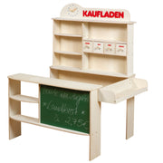 Shop, natural wood, sales stand with 4 drawers, clock, blackboard, counter & side counter