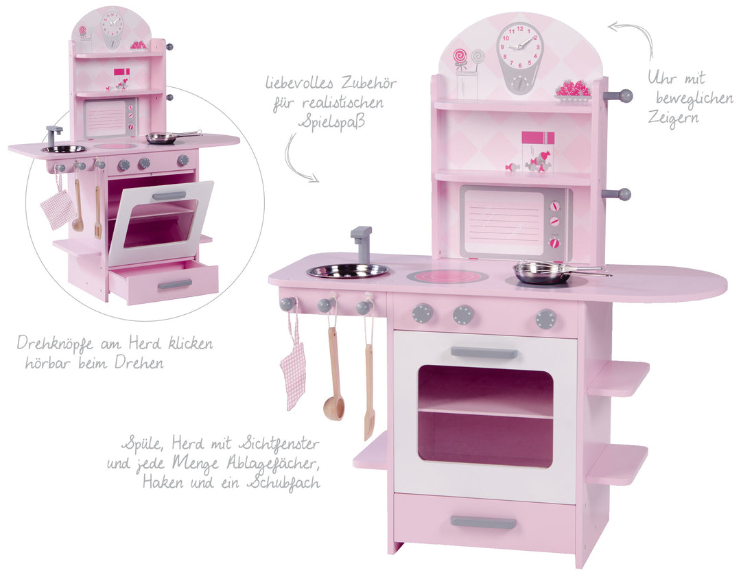 Spielküche rosa, Kinderküche mit Herd, Spüle, Wasserhahn & Regal inkl. Zubehör