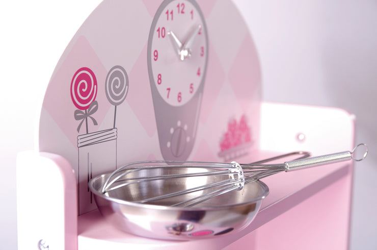 Play kitchen, pink, children's kitchen with stove, sink, faucet & shelf including accessories