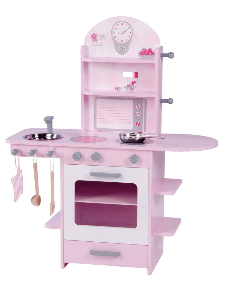 Cucina da gioco, rosa, cucina per bambini con fornelli, lavello, rubinetto e scaffale incl. accessori