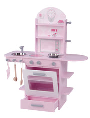 Cocina de juego, rosa, cocina para niños con estufa, fregadero, grifo y estante, incluidos accesorios