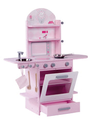 Play kitchen, pink, children's kitchen with stove, sink, faucet & shelf including accessories