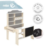 Kaufladen, Holz natur, weiß/grau lackiert, 4 Schubladen, Tafel, Theke & Seitentheke
