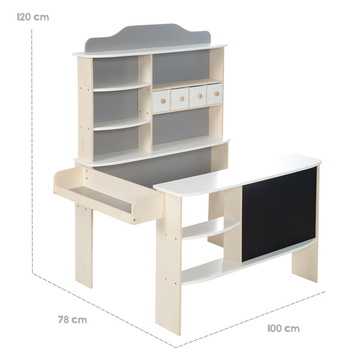 Kaufladen, Holz natur, weiß/grau lackiert, 4 Schubladen, Tafel, Theke & Seitentheke