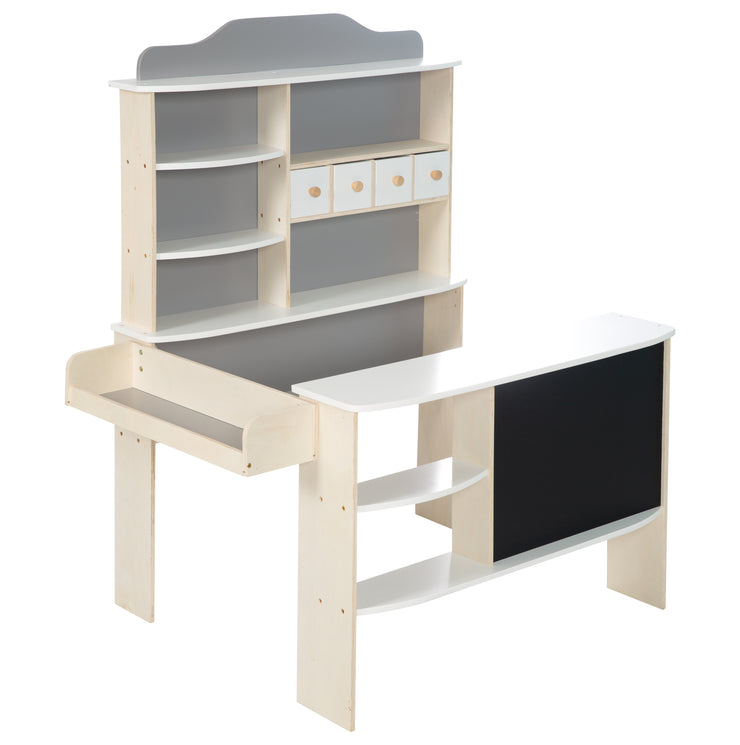 Kaufladen, Holz natur, weiß/grau lackiert, 4 Schubladen, Tafel, Theke & Seitentheke