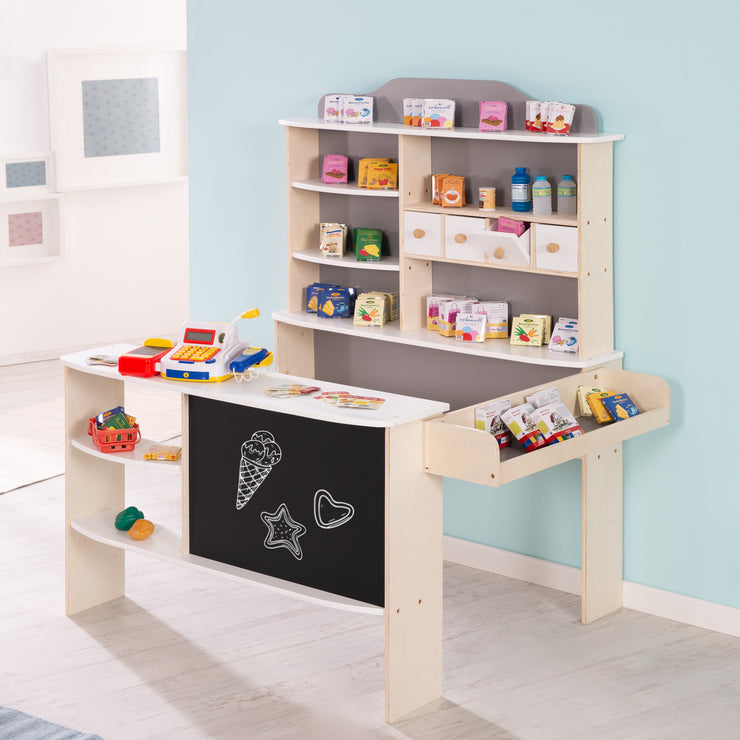 Kaufladen aus Holz, weiß und grau lackiert, inklusive Zubehör, 4 Schubladen, Uhr, Tafel, Theke & Seitentheke für Kinder zum Spielen