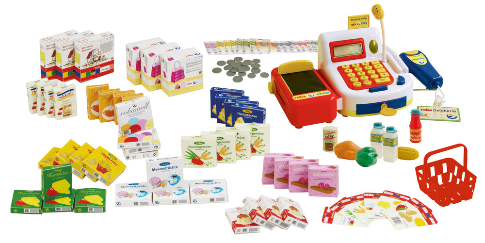 Negozio, legno naturale, bancarella con 4 cassetti, orologio, tavolo, bancone e bancone laterale